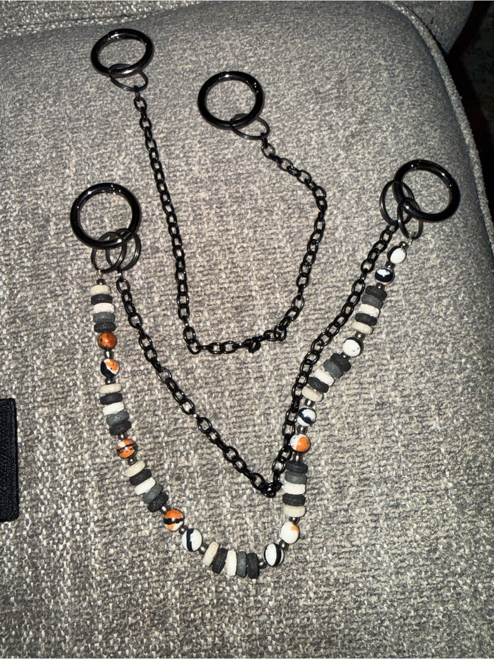 Beaded Black & White Layered bag charm with Orange Accents